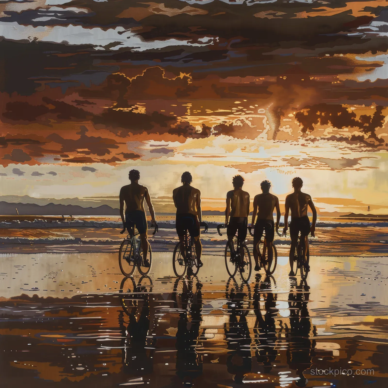 Silhouetted triathletes with bicycles on a beach at sunrise, their reflections mirrored in wet sand.