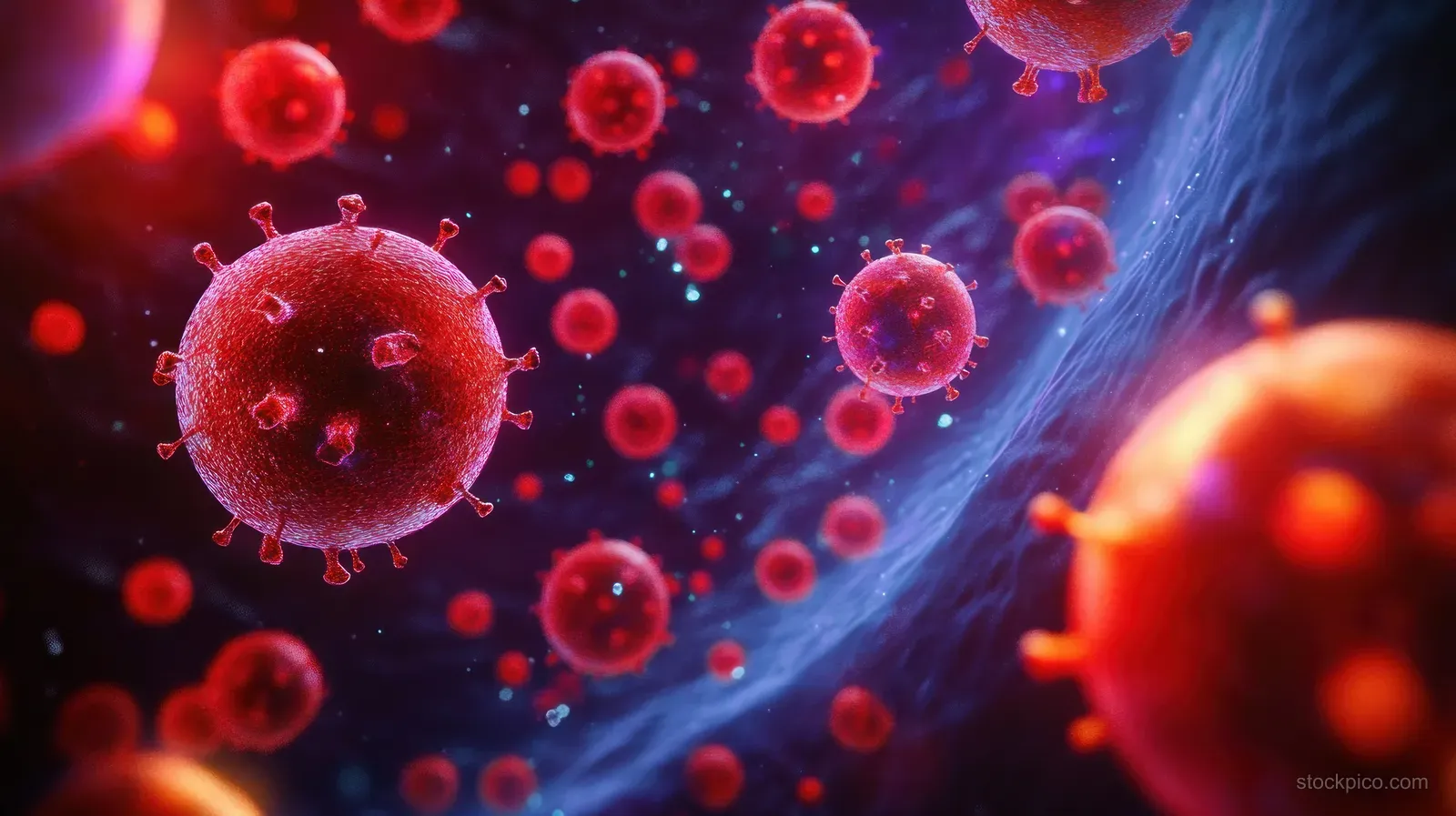 Glowing red measles virus particles float in a blue bloodstream-like background, indicating viral contagion.