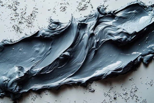 Wet gray cement mortar smear spreads on a white background with splash-like ripples and gritty texture.