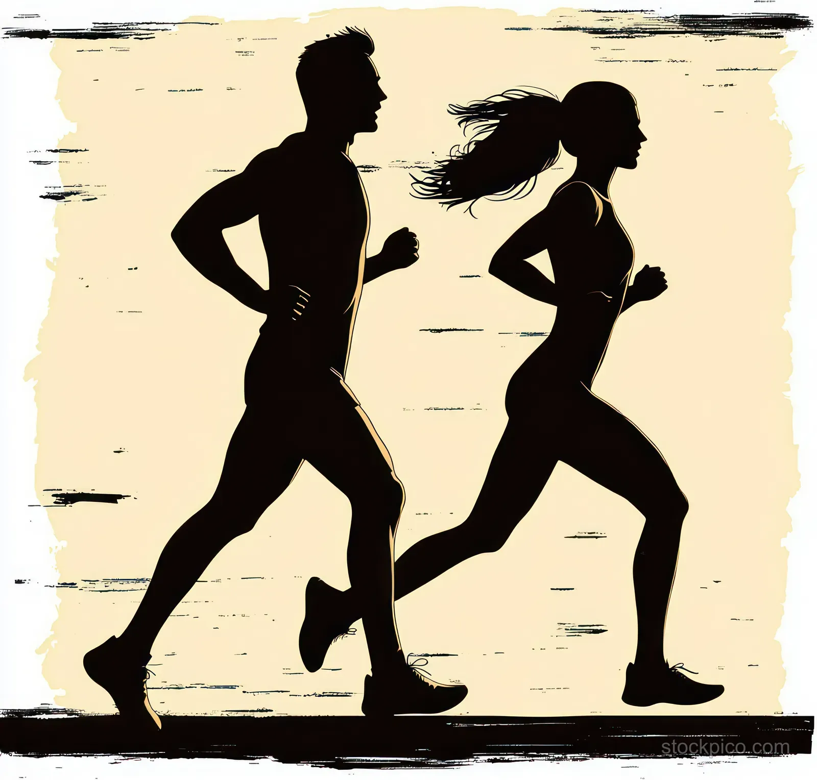 Two silhouetted runners sprint side by side on a textured beige background.