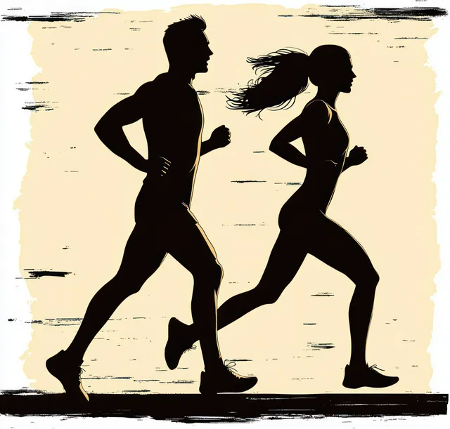 Silhouettes of two runners sprinting side by side, textured beige background