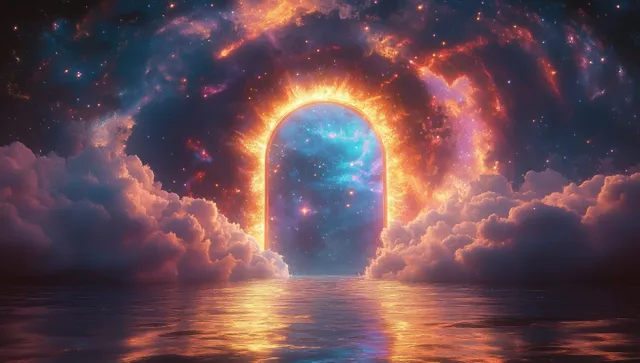 A glowing arched cosmic portal illuminates calm reflective water with fiery halo nebula clouds in deep space.