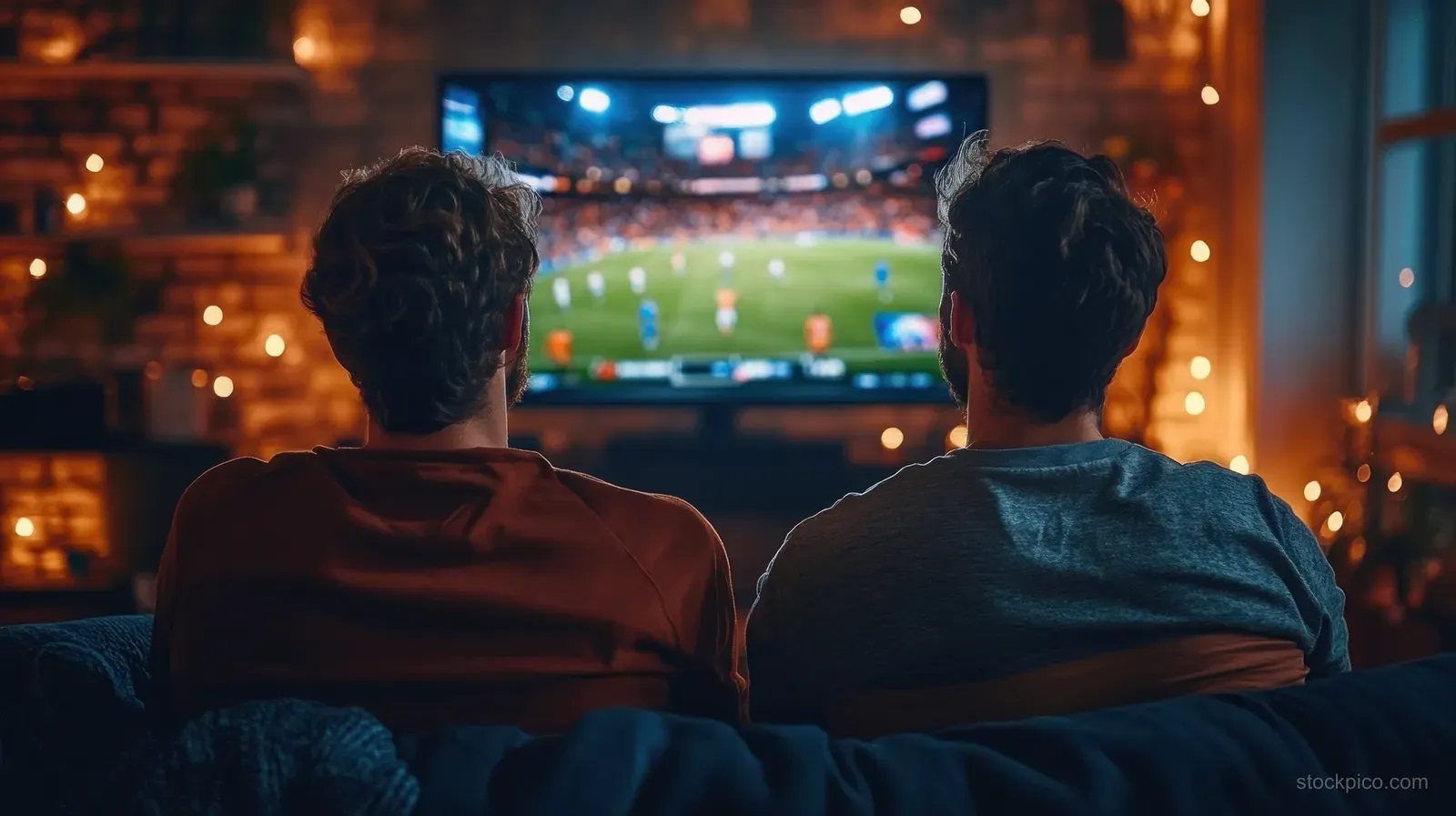 Two men sit on a couch in a cozy living room watching a soccer match on a large flat-screen TV.