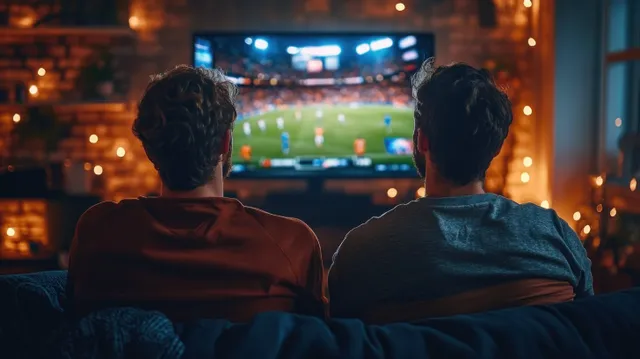 Two men sit on a couch in a cozy living room watching a soccer match on a large flat-screen TV.