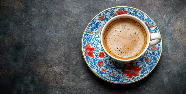 A cup of frothy coffee sits on a blue and red floral saucer on a dark textured surface.