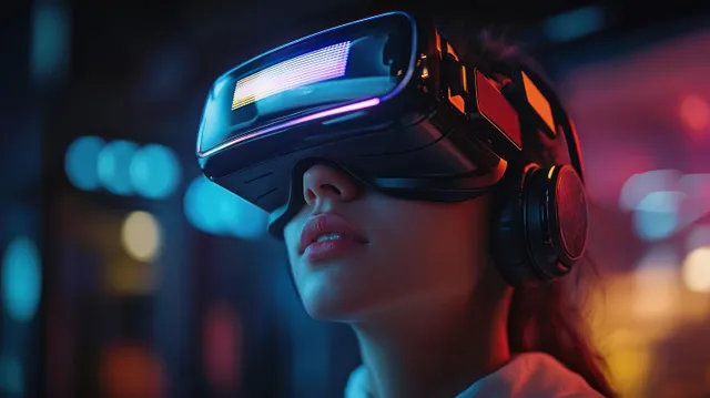 Young woman wearing a VR headset and headphones, surrounded by colorful neon bokeh lights.
