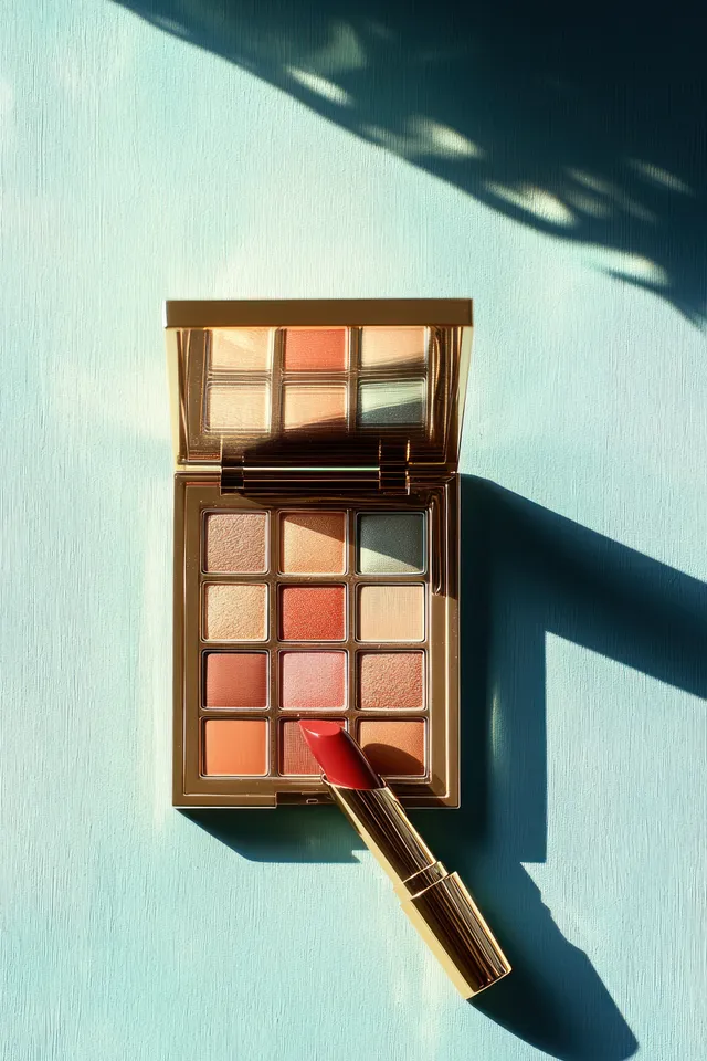 Open eyeshadow palette with warm neutrals and red lipstick on light blue surface