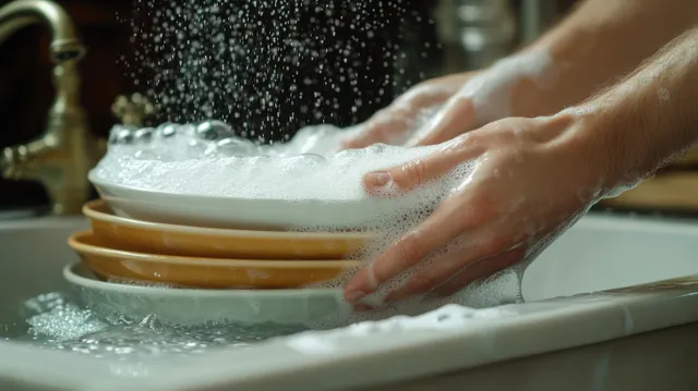 Hands rinse soap-sudsed plates under running water in a kitchen sink with visible droplets.