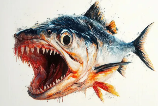 A predatory fish is shown in close-up underwater with an open mouth full of sharp teeth.