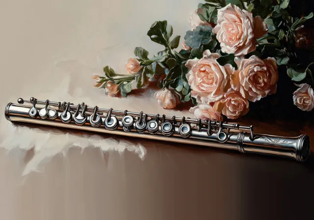 Silver flute resting on a smooth surface beside a bouquet of pale pink roses with green leaves.