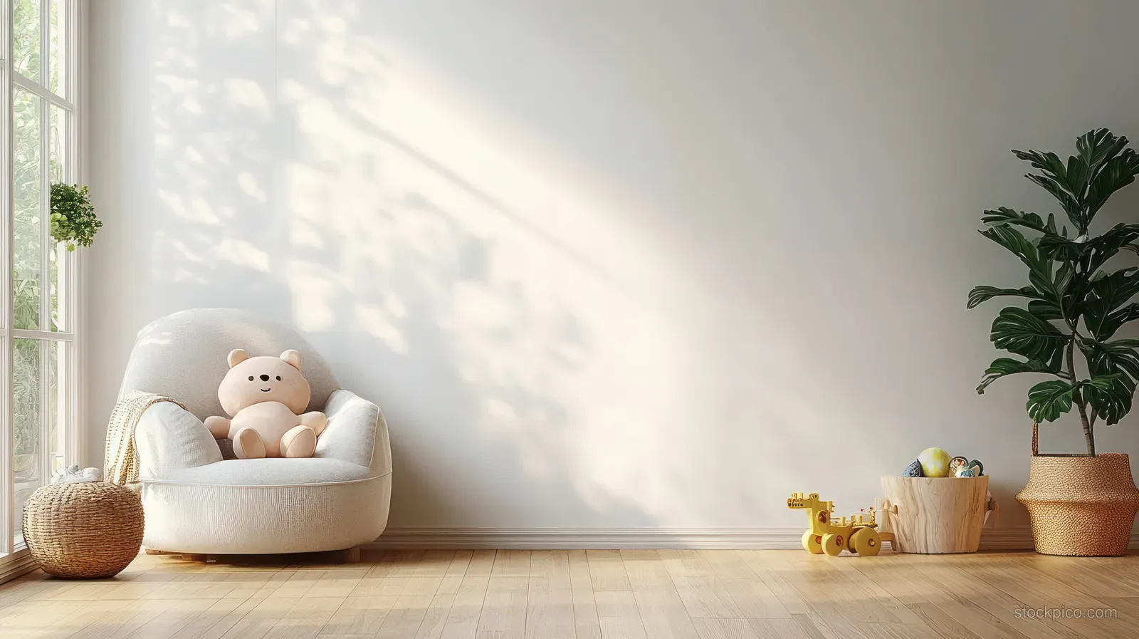 Minimal Scandinavian living room with a plush armchair holding a teddy bear near a large window and a decorative plant.