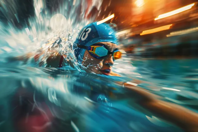 A Swedish freestyle swimmer powers forward in a pool with a large splash and strong motion blur.