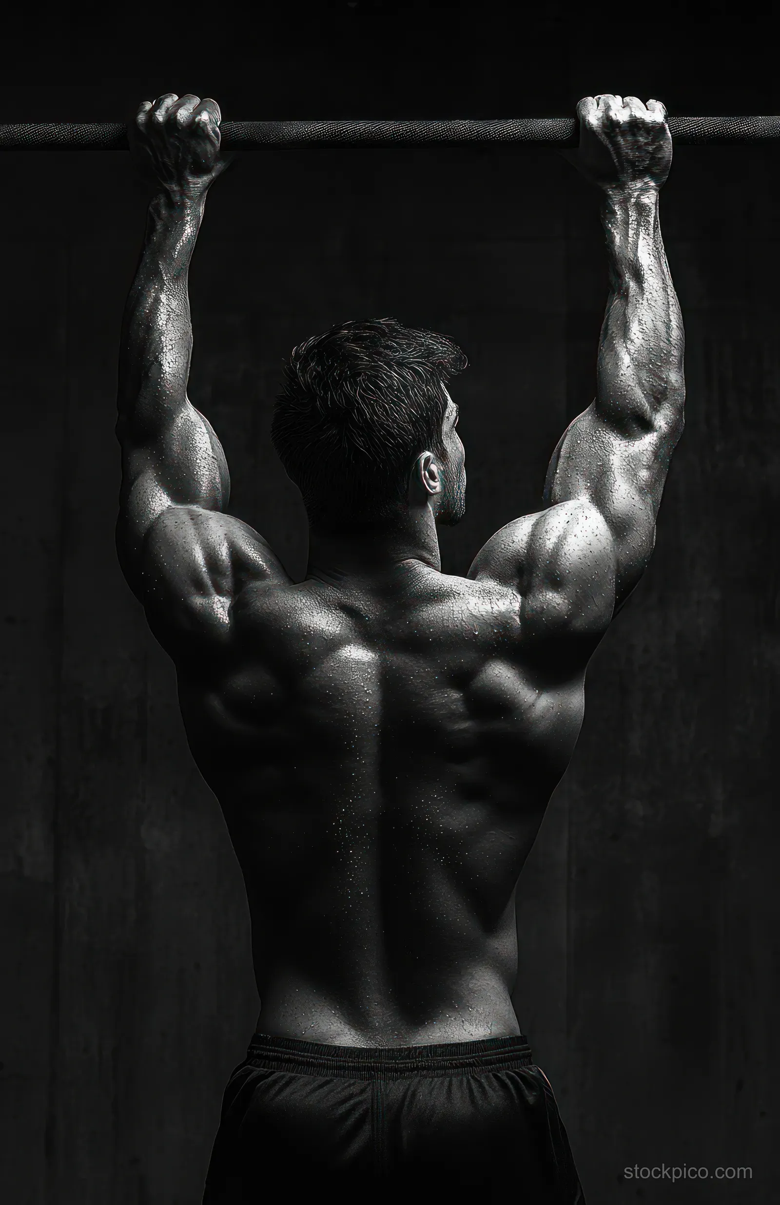 Muscular man performing pull-ups on an overhead bar in a dark gym with sweaty, glistening skin.
