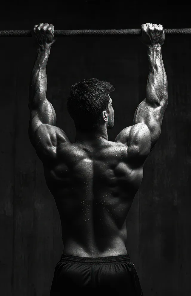 Muscular man performing pull-ups on an overhead bar in a dark gym with sweaty, glistening skin.