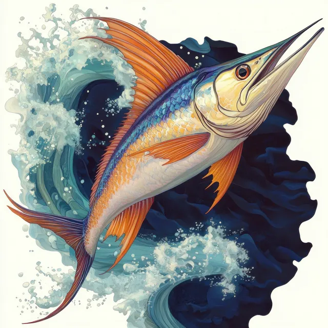 Leaping marlin with iridescent scales splashing through ocean waves in Japanese woodblock style