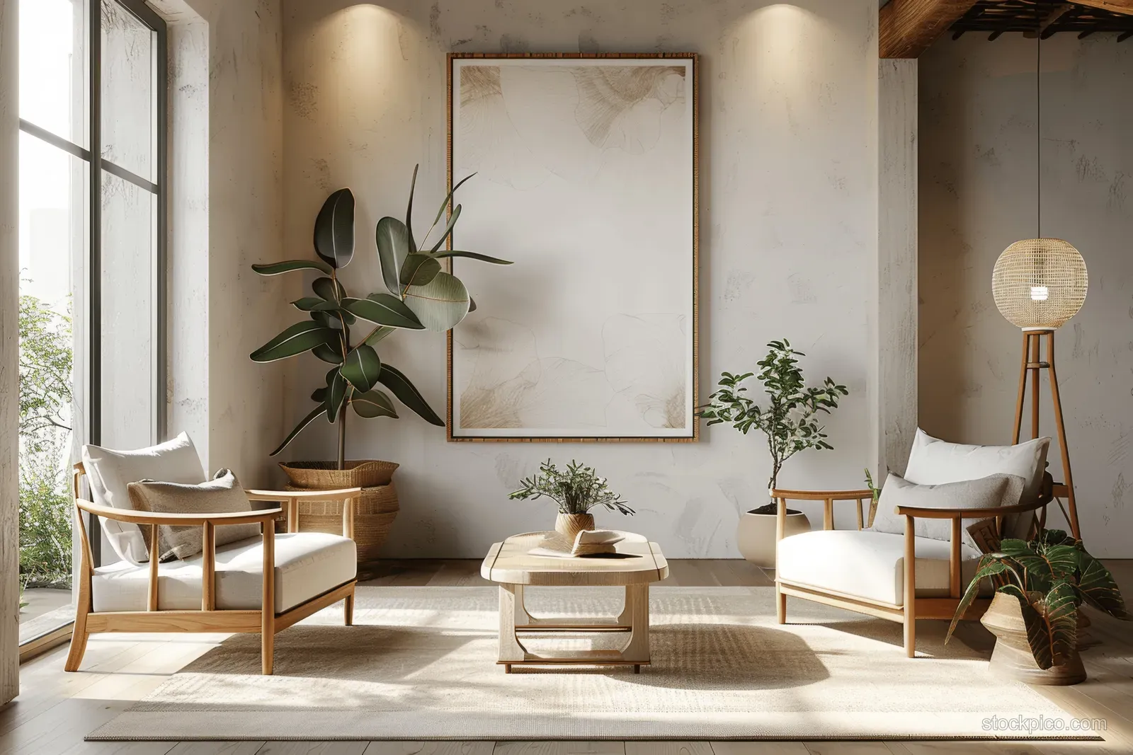 Neutral Scandinavian living room with wooden armchairs, coffee table, large window light, plants, and a framed wall artwork mockup.