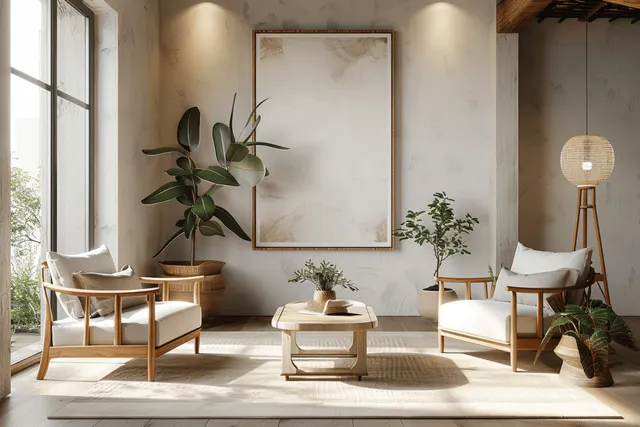 Neutral Scandinavian living room with wooden armchairs, coffee table, large window light, plants, and a framed wall artwork mockup.