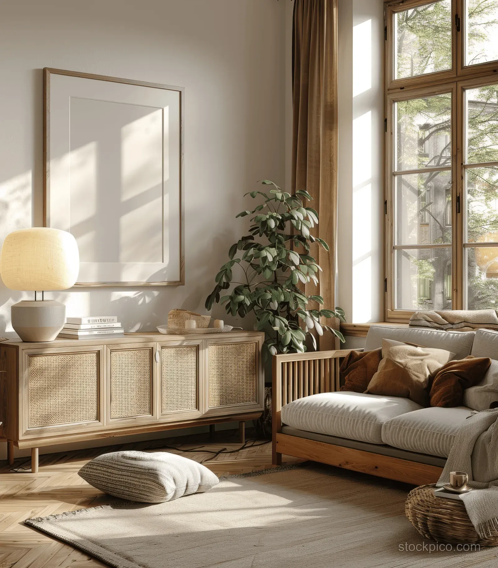 Beige living room with wooden sideboard, sofa with cushions, framed wall art, and sunlight through a window.