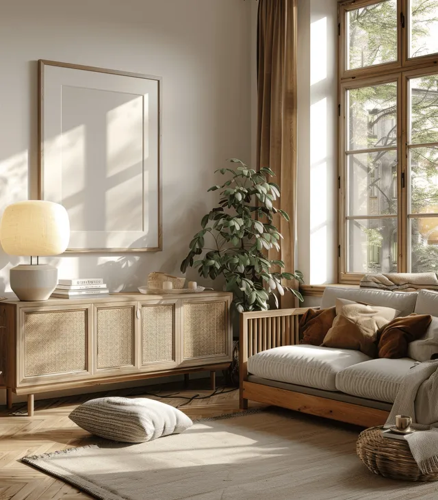 Beige living room interior with wooden sideboard, window light, and framed wall art