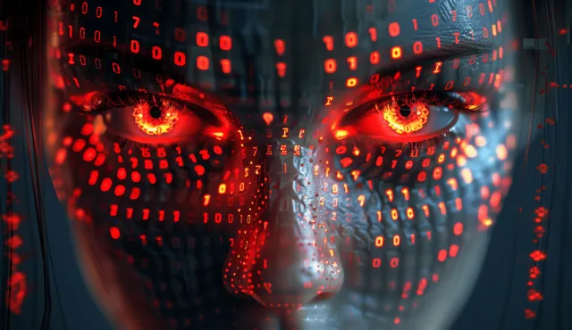 3D cyberpunk AI face with red glowing binary code eyes, surrounded by code rain with Data And Code