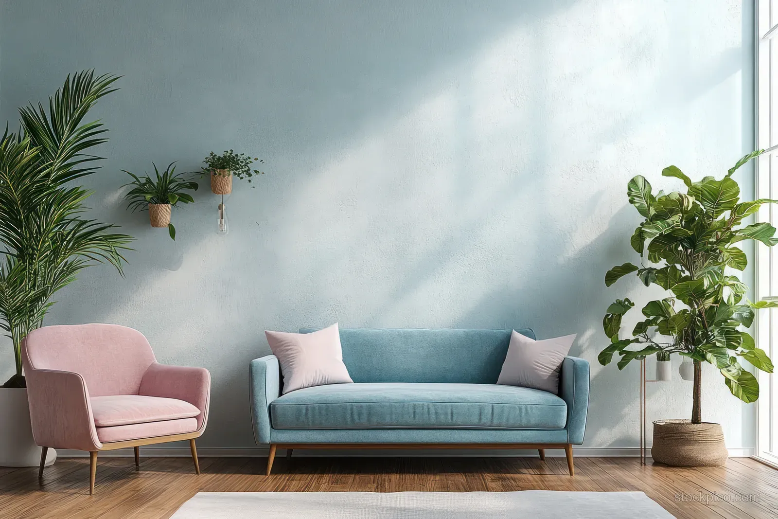 Pastel sofa and pink armchair in a bright minimalist living room with plants and wood floors.