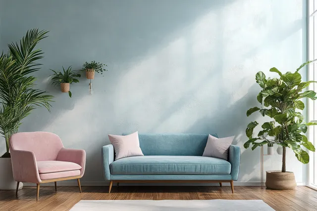 Pastel sofa and armchair in minimalist Scandinavian living room