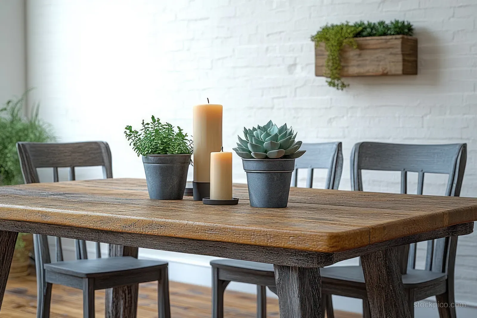 Rustic wooden dining table with candles and potted succulents in a bright minimalist room with white brick wall.