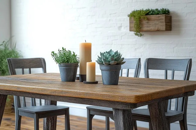 Rustic wooden dining table with candles and potted succulents in a bright minimalist room with white brick wall.