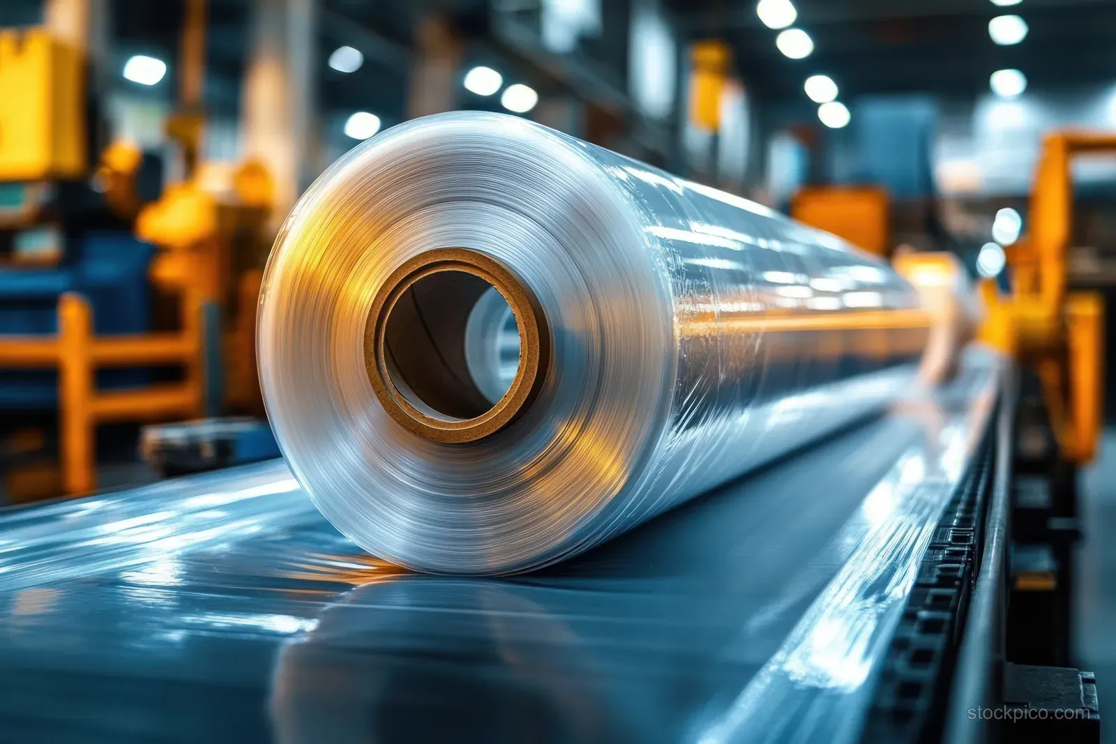 Transparent plastic film roll on a conveyor in a brightly lit factory with industrial equipment behind it.
