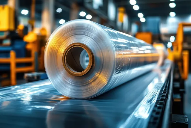 Transparent plastic film roll on a conveyor in a brightly lit factory with industrial equipment behind it.