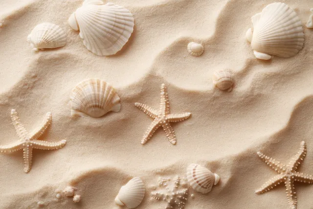 Sandy beach surface with seashells and starfish, sunlit coastal texture top view