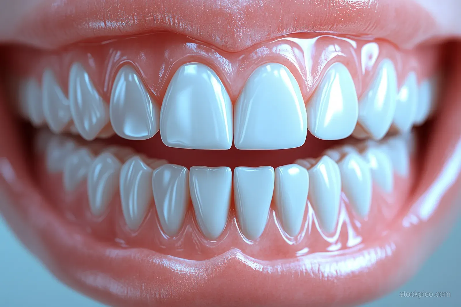 Close-up of human teeth and gums with shiny enamel and lips in soft focus.