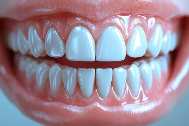Close-up of human teeth and gums with shiny enamel and lips in soft focus.