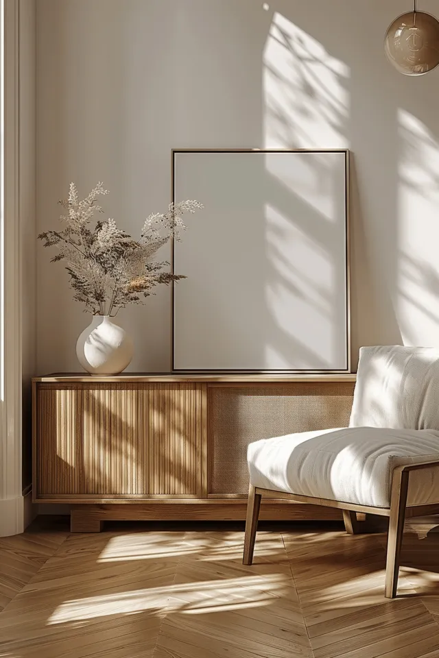 Vertical frame mockup rests on a wooden sideboard in a sunlit minimalist living room with parquet flooring.
