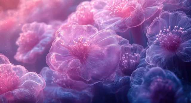 Translucent jellylike organisms drift underwater under pink lavender glow.