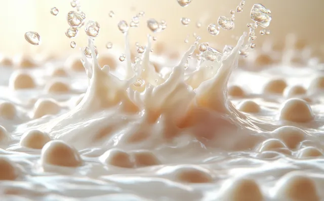 Creamy milk splashes upward with suspended droplets and rippling surface in dramatic light against a soft blur.