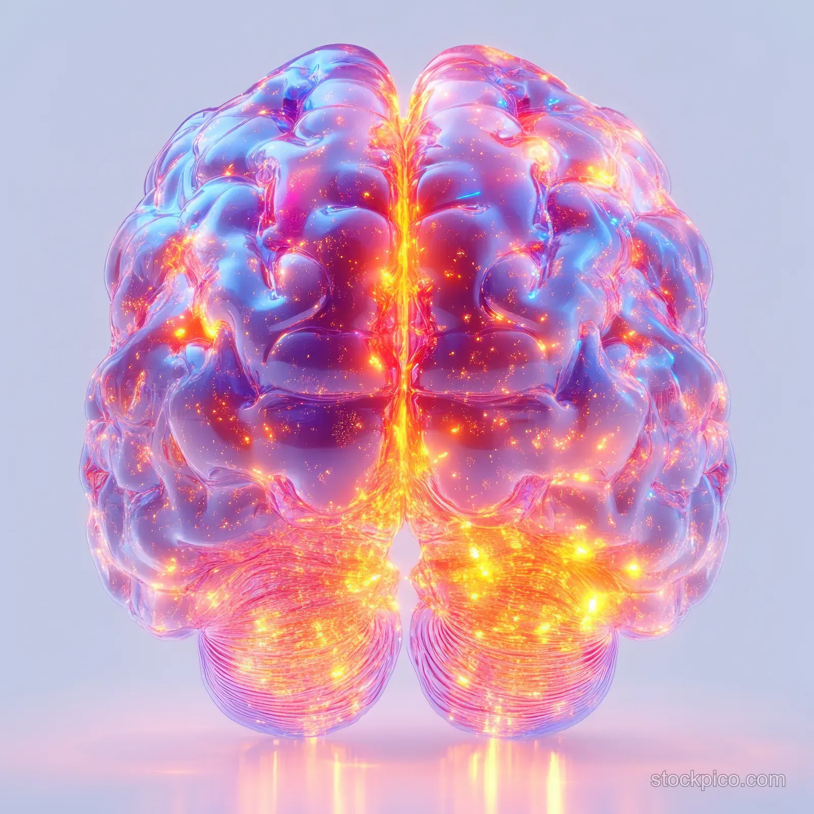 Neon abstract brain illustration glowing with a bright fiery center and luminous folds on a pale background.