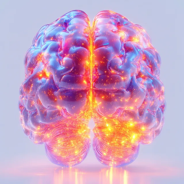 Neon abstract brain illustration glowing with a bright fiery center and luminous folds on a pale background.