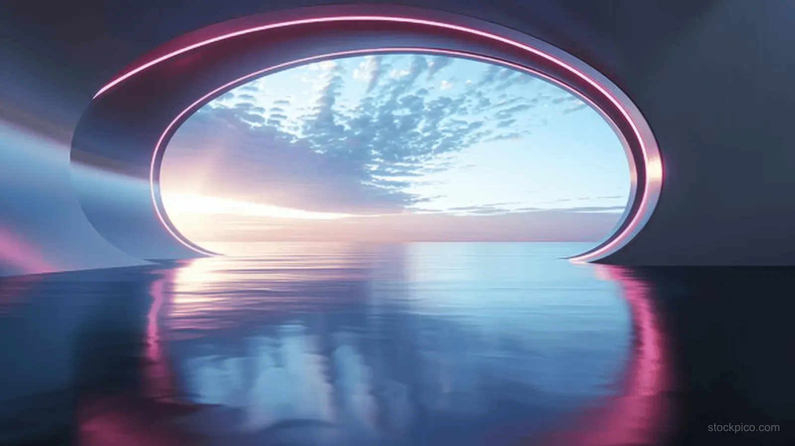 Neon-lit futuristic arch reflects on calm water under a blue sky with an empty concrete floor in view.