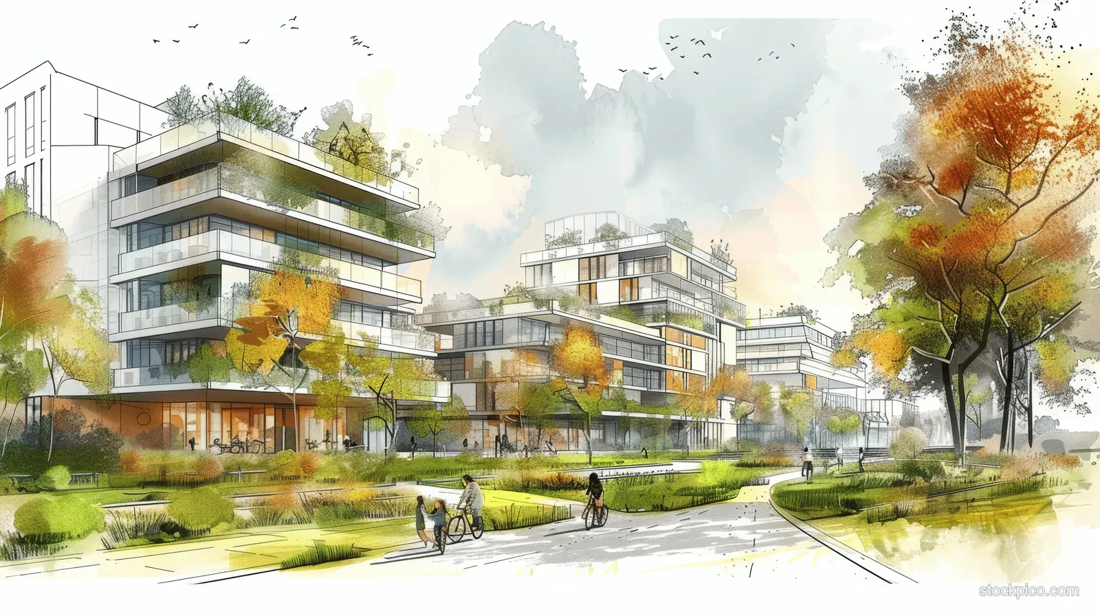Eco-friendly city scene with cyclists on a path, landscaped lawns, and green-roof apartments behind trees.