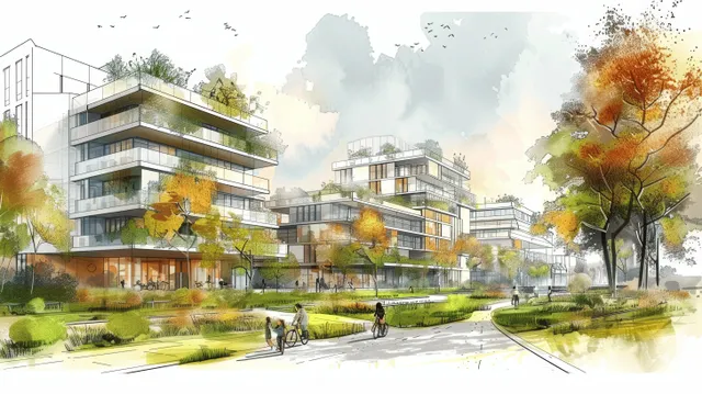 Eco-friendly city scene with cyclists on a path, landscaped lawns, and green-roof apartments behind trees.