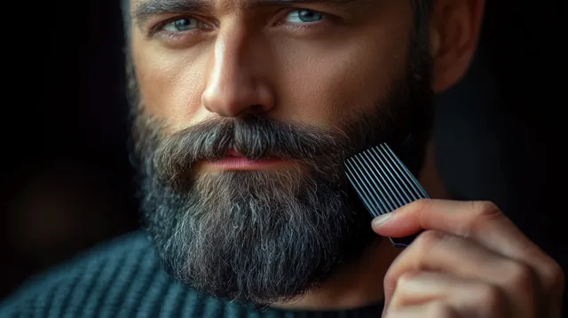 A serious man with blue eyes combs his thick gray beard with a black comb in a close-up portrait.