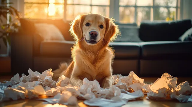 Golden Retriever Surrounded by Crumpled Homework in Sunny Living Room