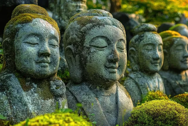 Buddhist stone statues lined up in a mossy Japanese garden at Otagi Nenbutsu-ji Kyoto