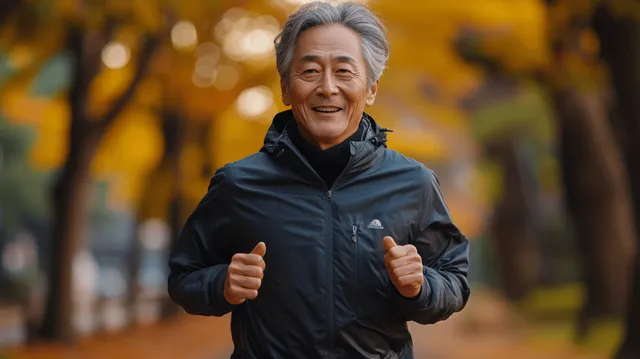 Smiling Asian senior man jogging in a park, hands pumping, warm autumn bokeh