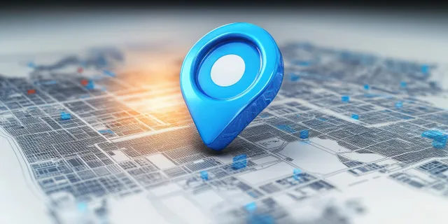 Glowing blue 3D map pin hovering over a detailed grid street map with route highlights.