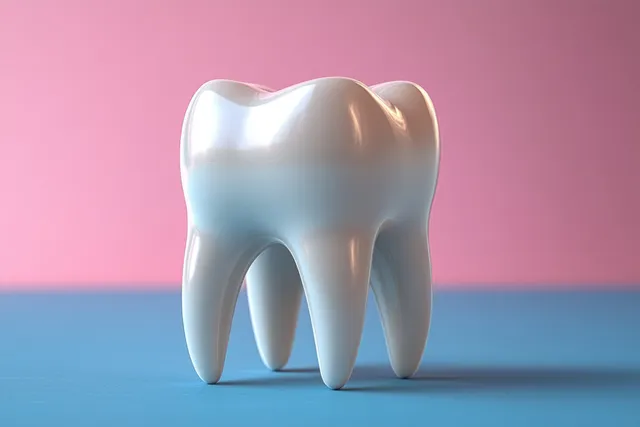 A glossy white 3D tooth model with whitening highlights stands on a blue surface against a pink background.