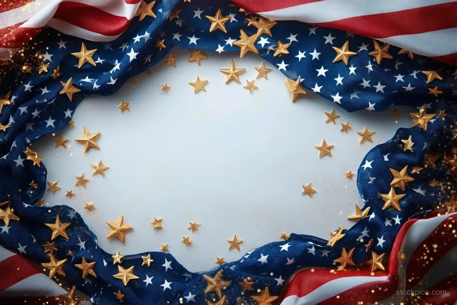 Waving American flag fabric with golden stars forms a frame around a blank white space in the center.