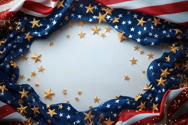 Waving American flag fabric with golden stars forms a frame around a blank white space in the center.