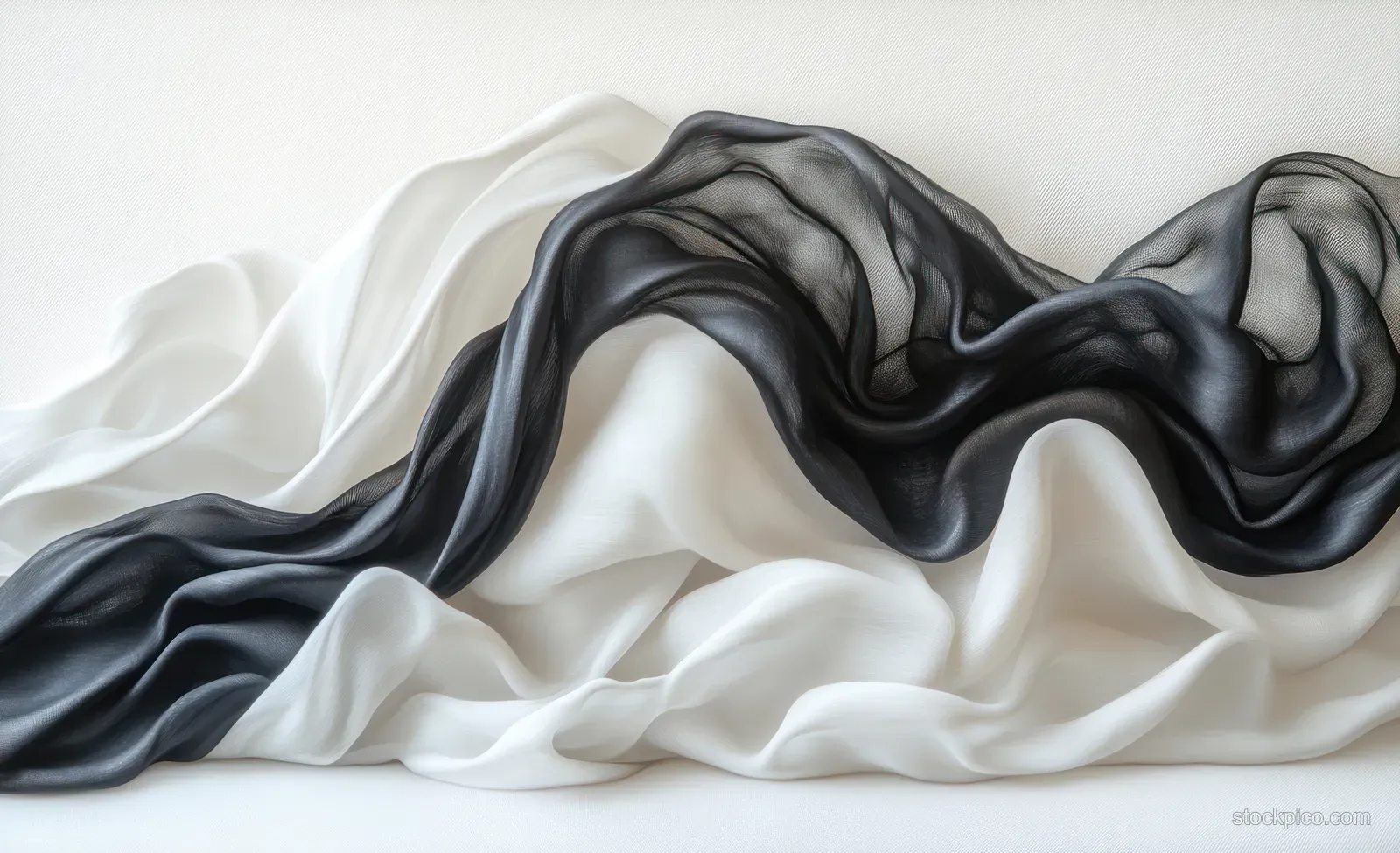 Crumpled black and white silk scarf spread out on a pale surface in an overhead view.